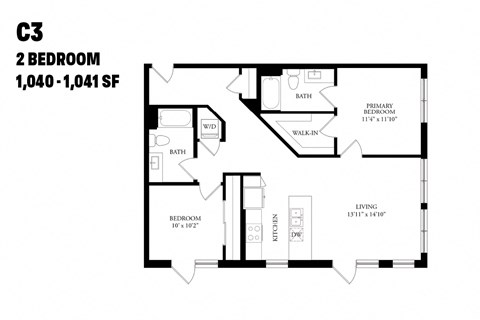 Floor plan for 2 beds, 2 baths, 1040 sqft